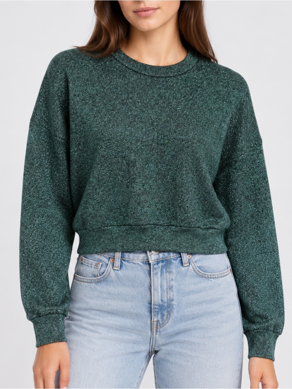 Alex Wang Cropped Metallic Long Sleeve Sweater Sweatshirt in Green